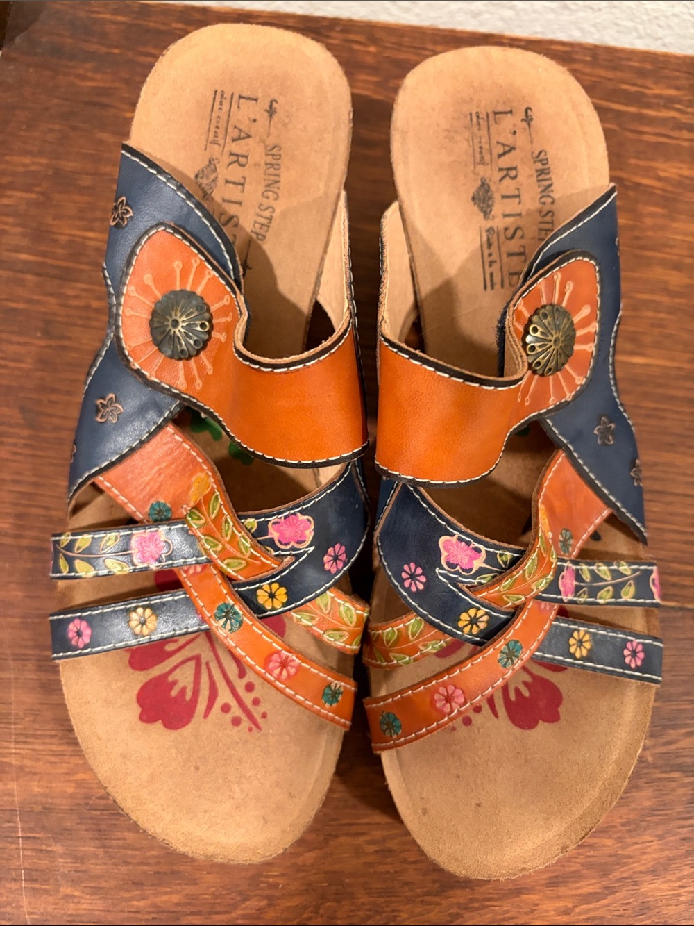 L'ATISTE Floral Leather Mules in Orange and Navy